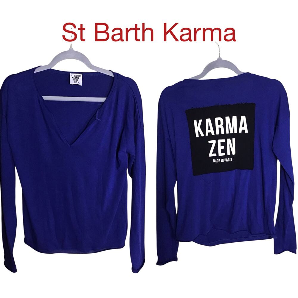 Women Shirt St Barth Karma Logo  Open V-Neck Long/Sl Sz. Med Blue EUC No Sz tag